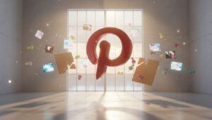 3D Pinterest logo floating in a bright studio with pinned photos and boards, illustrating how to grow a Pinterest account through visual content and organization