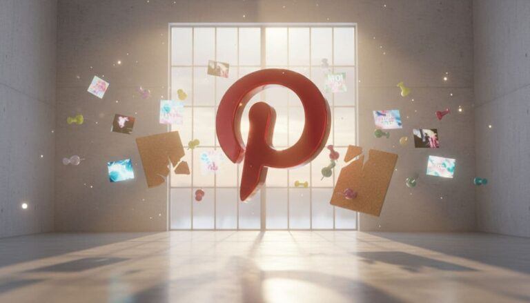 3D Pinterest logo floating in a bright studio with pinned photos and boards, illustrating how to grow a Pinterest account through visual content and organization