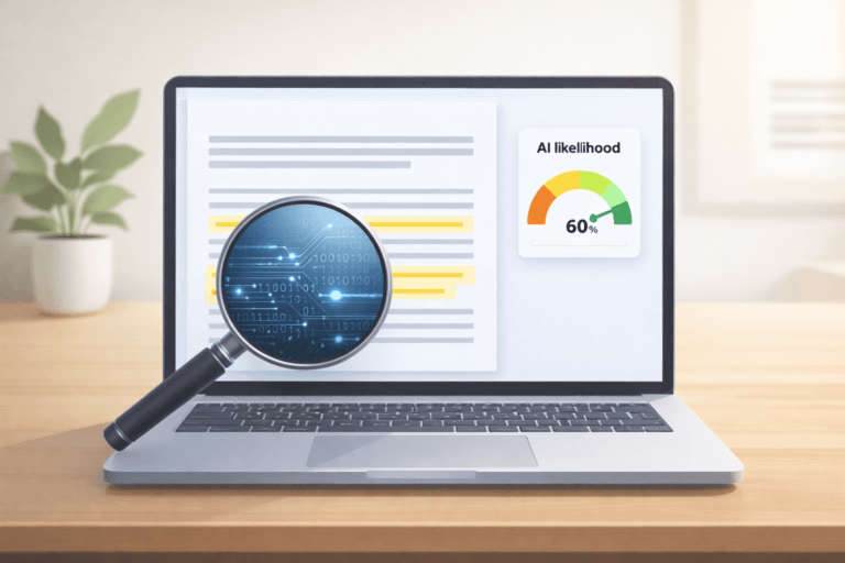 ChatGPT AI detector interface showing highlighted sentences and an AI likelihood score on a laptop screen.