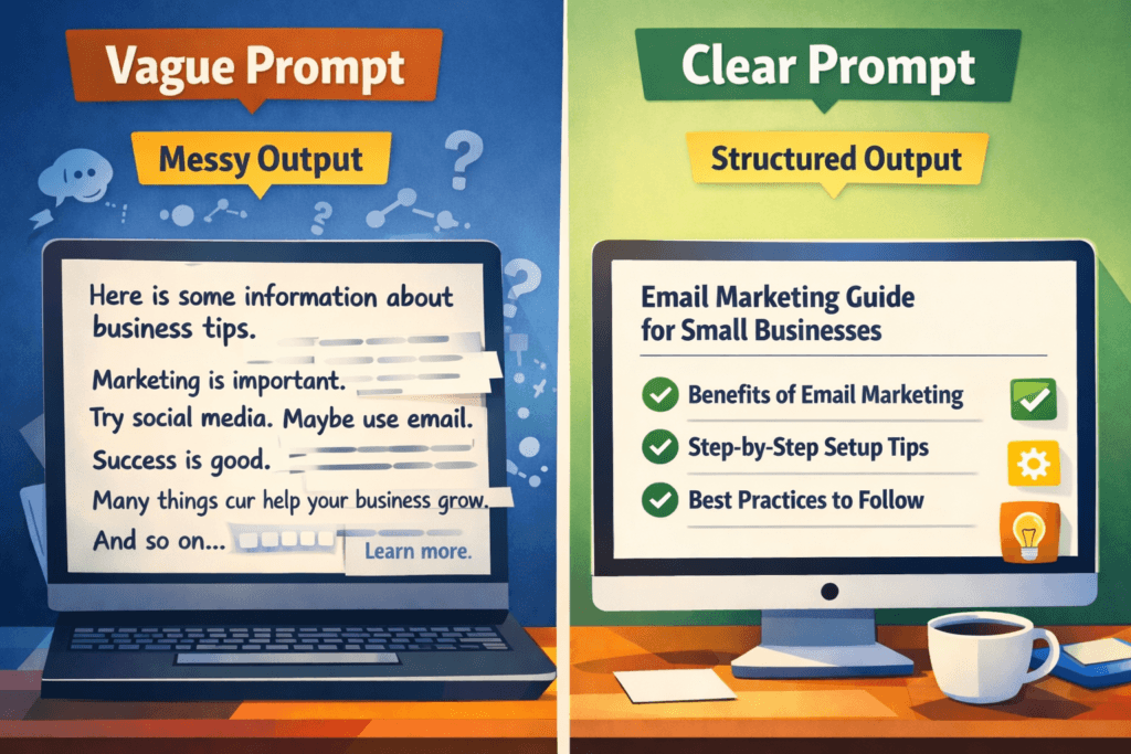 AI prompt engineering comparison between vague and clear prompts.