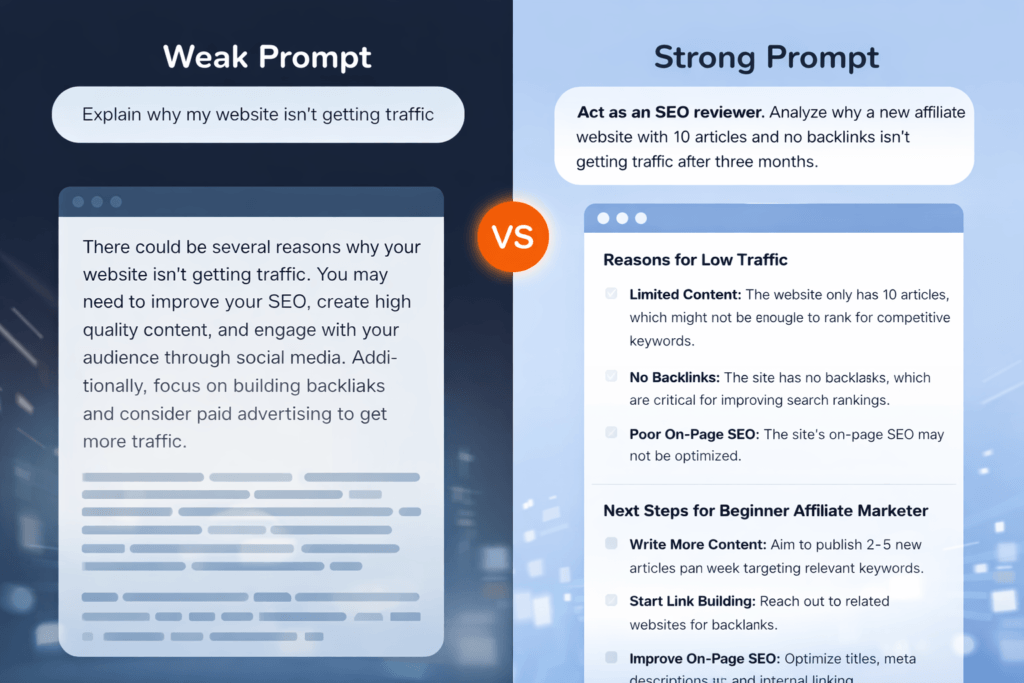 Comparison showing how clear prompts produce better AI output.