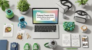 Flat lay workspace showing a laptop displaying “Pinterest Trends 2026” surrounded by tech gadgets, plants, VR headsets, and creative tools, illustrating modern Pinterest pin trends and digital content planning.