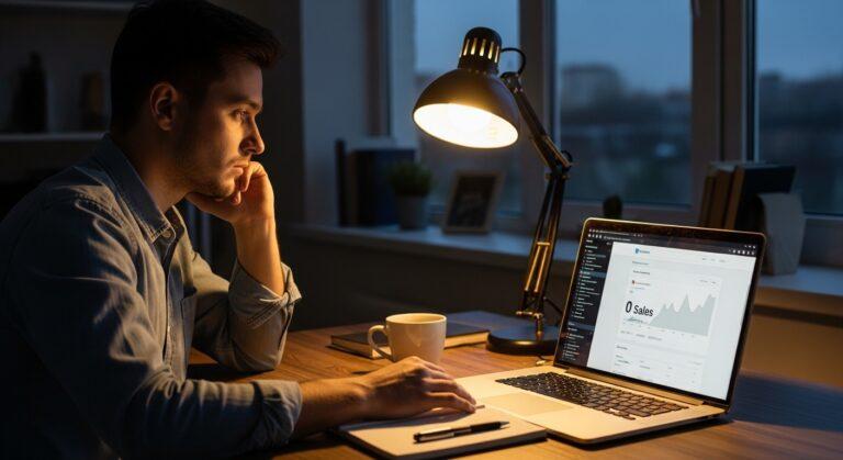 how long to earn first affiliate commission beginner checking website stats on laptop at home