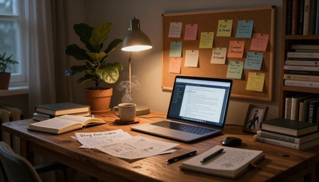 how beginners use AI to build traffic while planning their first blog post at a cozy home workspace