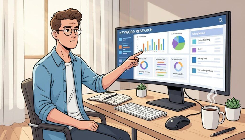 Keyword research dashboard showing AI tools for beginner bloggers