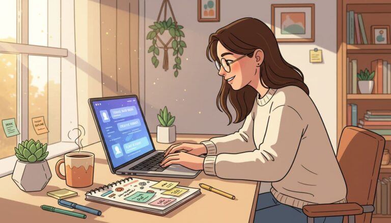 Beginner blogger using AI tools for beginner bloggers on a laptop