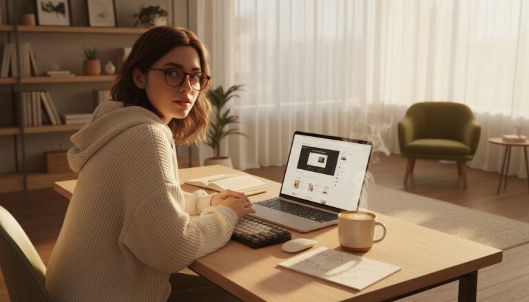 Beginner building a website with AI using a laptop and website builder interface