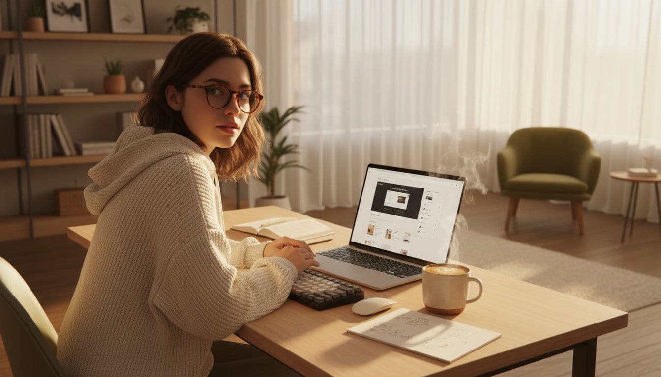 Beginner building a website with AI using a laptop and website builder interface