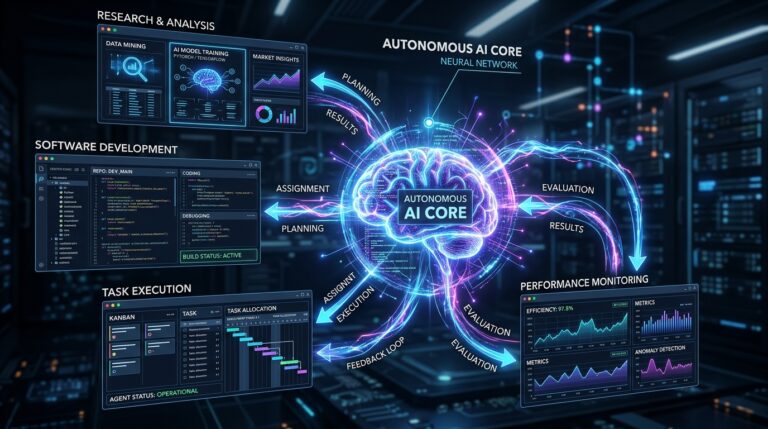 Agentic AI diagram showing an autonomous AI core coordinating planning, assignment, execution, evaluation, and performance monitoring across research, software development, and task dashboards.