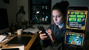 Person viewing exaggerated make money online with AI claims on a smartphone