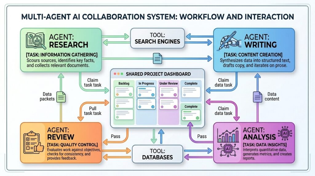 Agentic AI multi-agent collaboration diagram showing research, writing, analysis, and review agents sharing tasks through a project dashboard and using tools like search engines and databases.