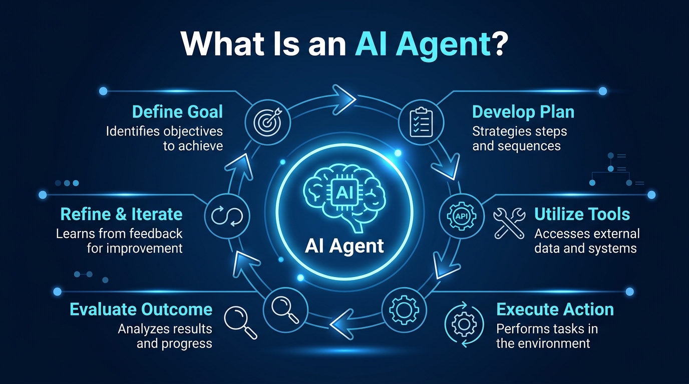 Infographic explaining what an AI agent is and how an AI agent completes tasks through planning, tool use, actions, and evaluation.