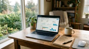 Beginner working from home starting an affiliate marketing business on a laptop