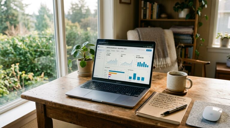 Beginner working from home starting an affiliate marketing business on a laptop