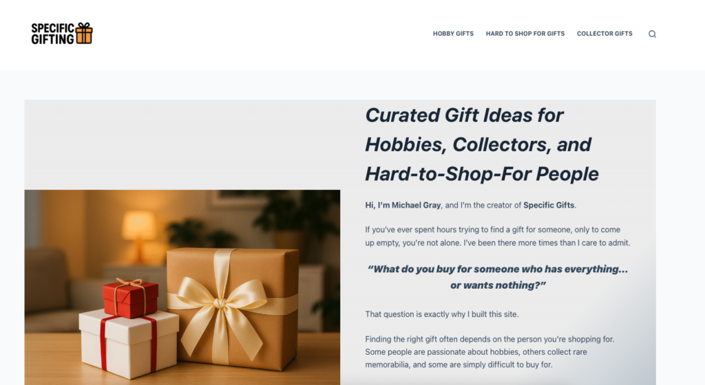 Image of specificgifting.com when I start the process of bringing it back to life.