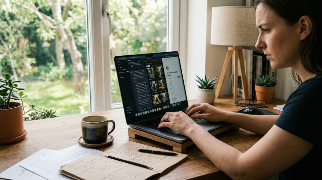 Focused person refining digital content created with AI tools