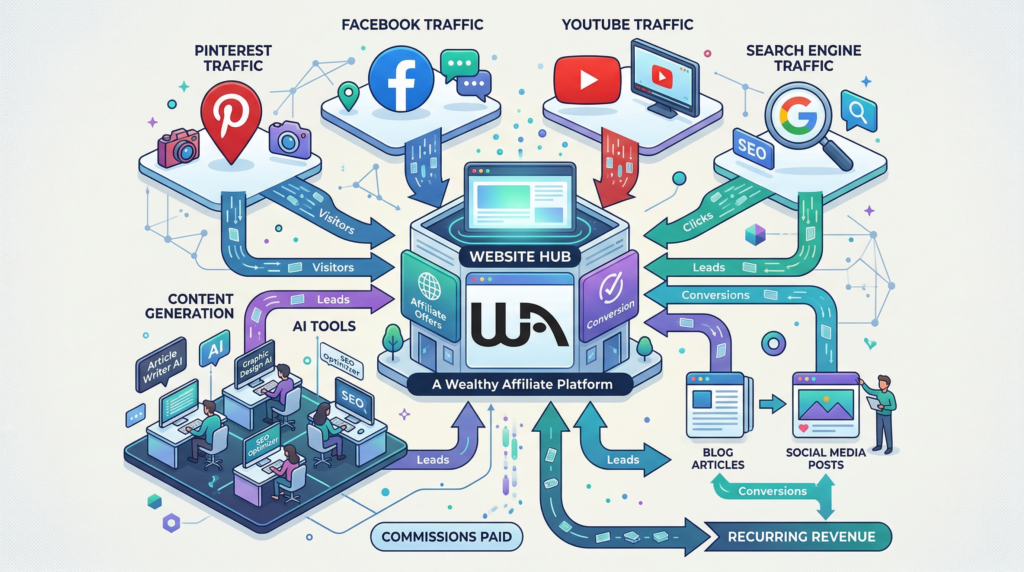 Affiliate marketing workflow using blog content, AI tools, and multiple traffic platforms