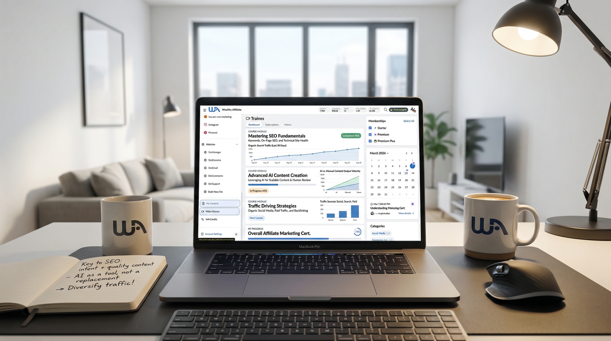 Wealthy Affiliate training modules dashboard showing SEO and AI content lessons