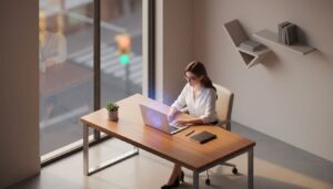 Woman working on a laptop at a modern office desk near large windows, illustrating what AI can and cannot do in 2026.