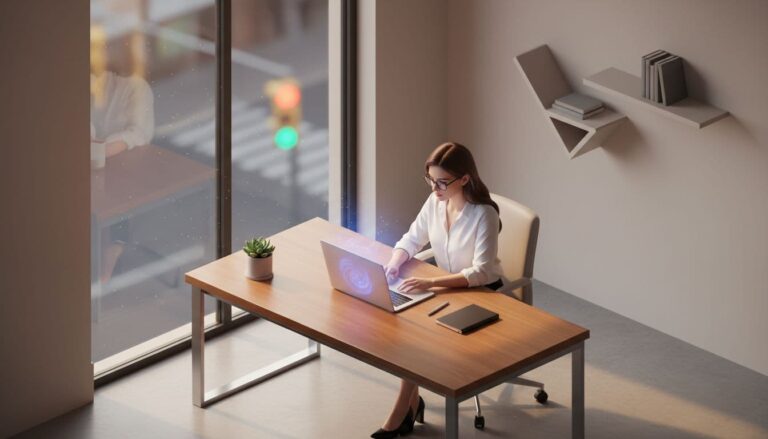 Woman working on a laptop at a modern office desk near large windows, illustrating what AI can and cannot do in 2026.